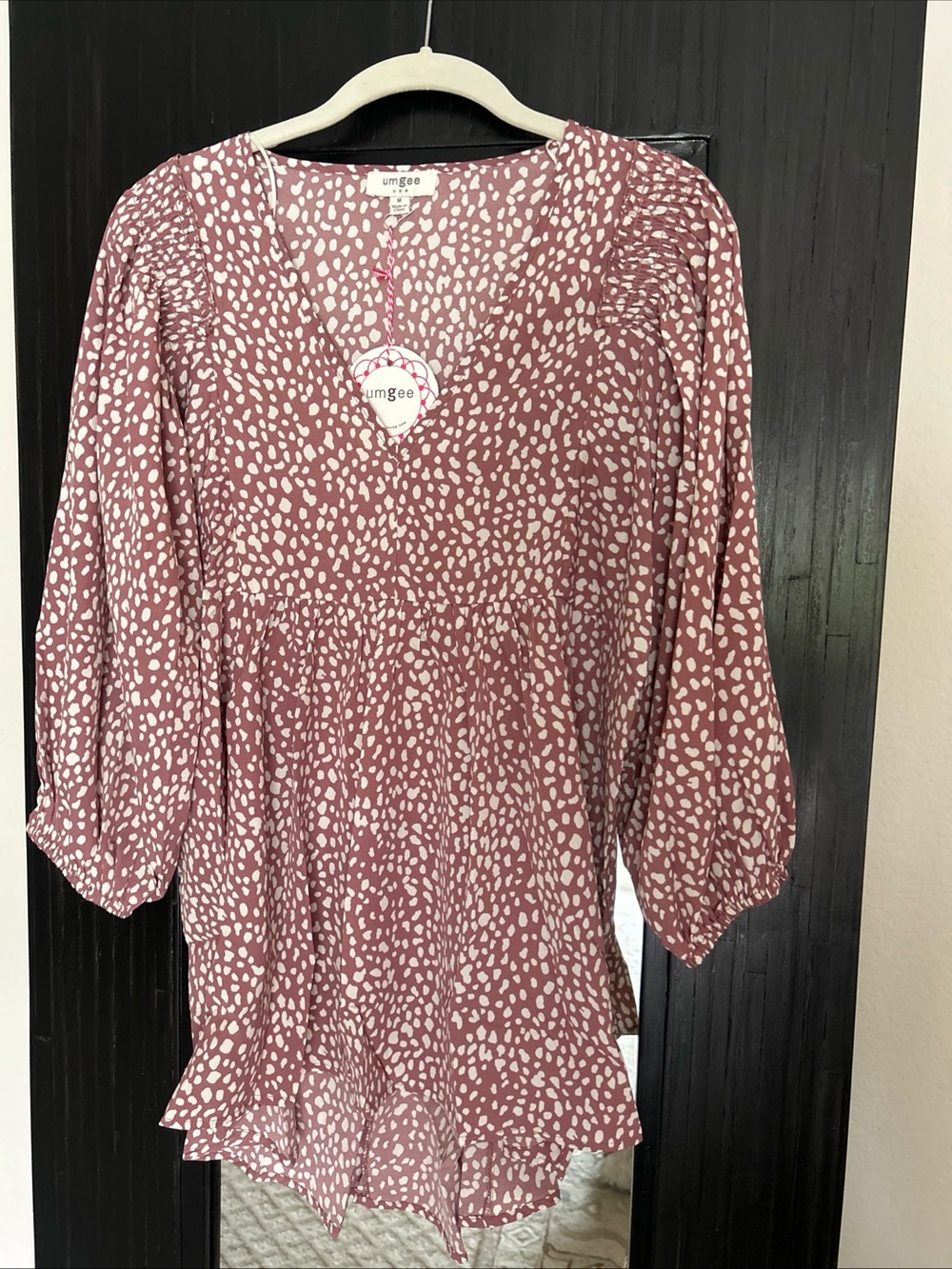 Umgee Women's Sz M Mauve Cream Animal Print Hi-low Boho V-Neck 3/4 Sleeve NWT